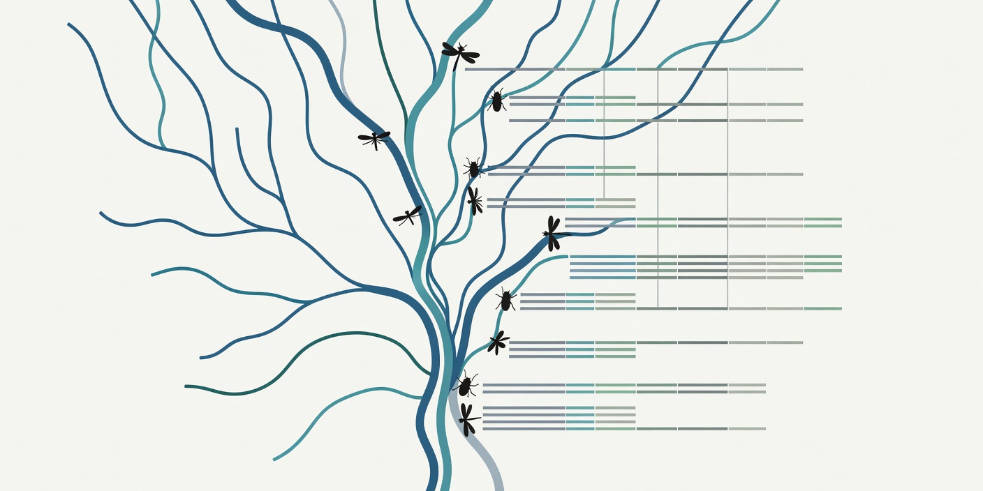 Abstract illustration of a river catchment, insect silhouettes and sequence bars arranged as a flat diagram