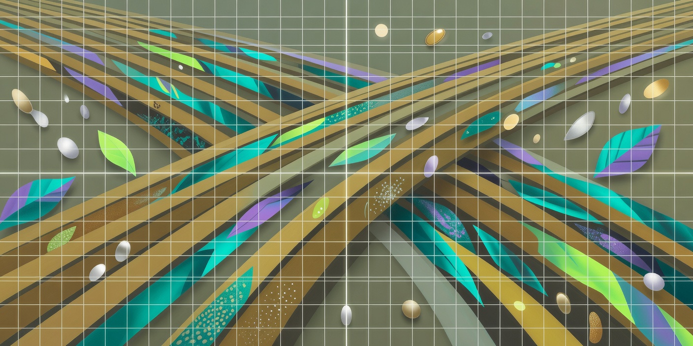 Abstract illustration of crop rows, leaf shapes and seed forms laid over a measured grid