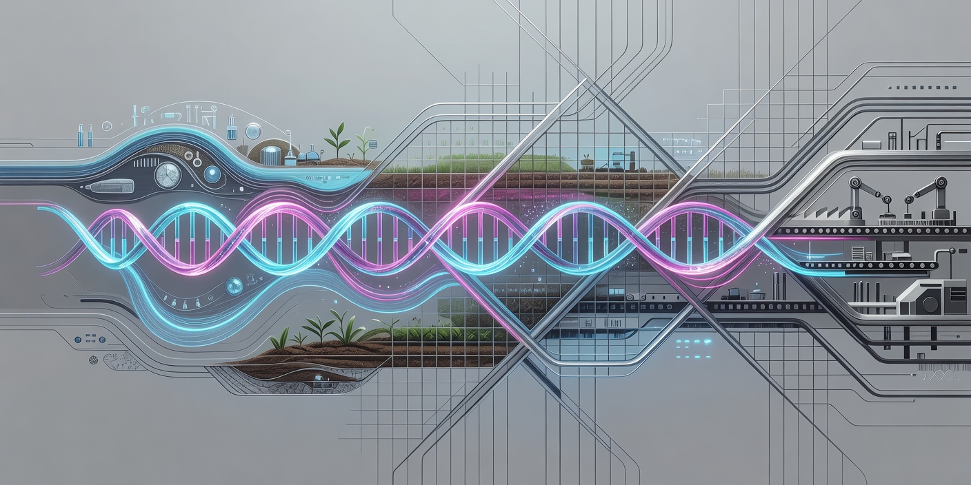 Abstract illustration of a double helix unwinding into grid lines representing laboratory, farm and factory processes