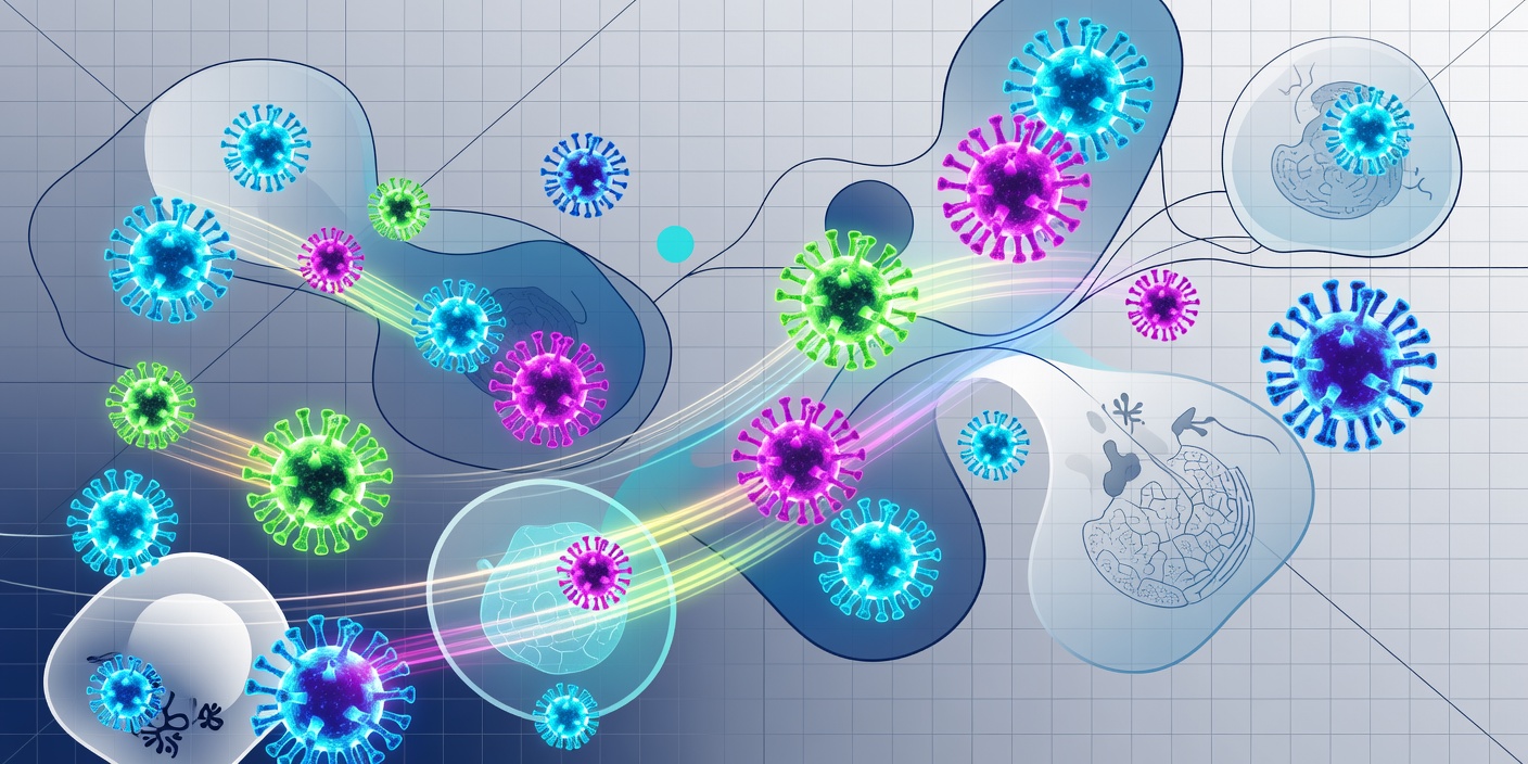 Abstract illustration of viral vector particles and cell outlines arranged on a laboratory grid
