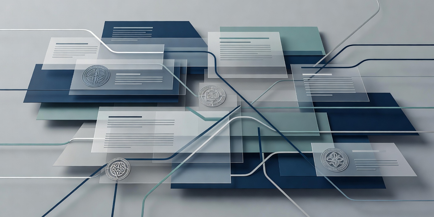 Abstract illustration of layered document panels, seals and dividing lines representing legal frameworks