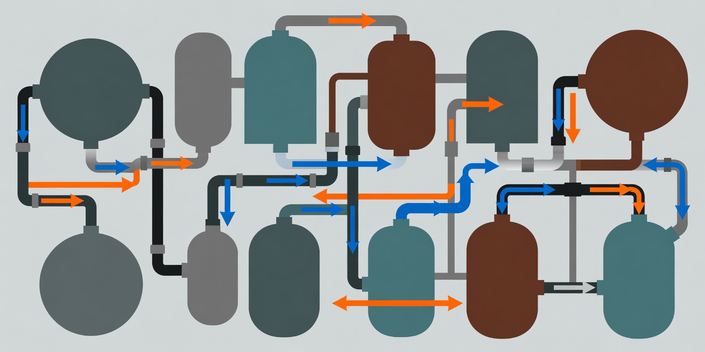Abstract illustration of fermentation vessels, pipework and flow arrows rendered as flat geometric shapes